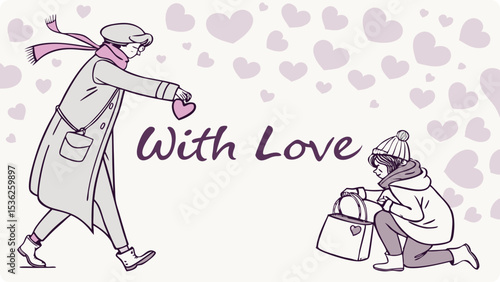 Illustration of a woman gives a heartshaped gift to a girl on a background filled with hearts