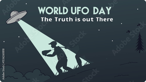 Illustration of two silhouettes of people running away from a spotlight shining from a ufo at night, during world ufo day