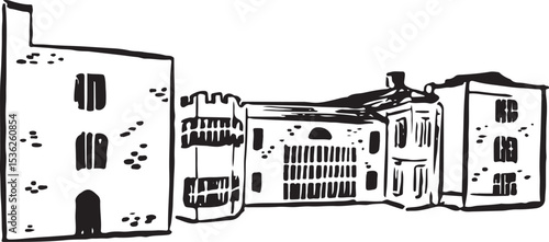Bolling Hall, Bradford landmark ink illustration.  Old building, museum and education center. 17th century mansion with mixture of architectural style: medieval to victorian. Historical cultural sites