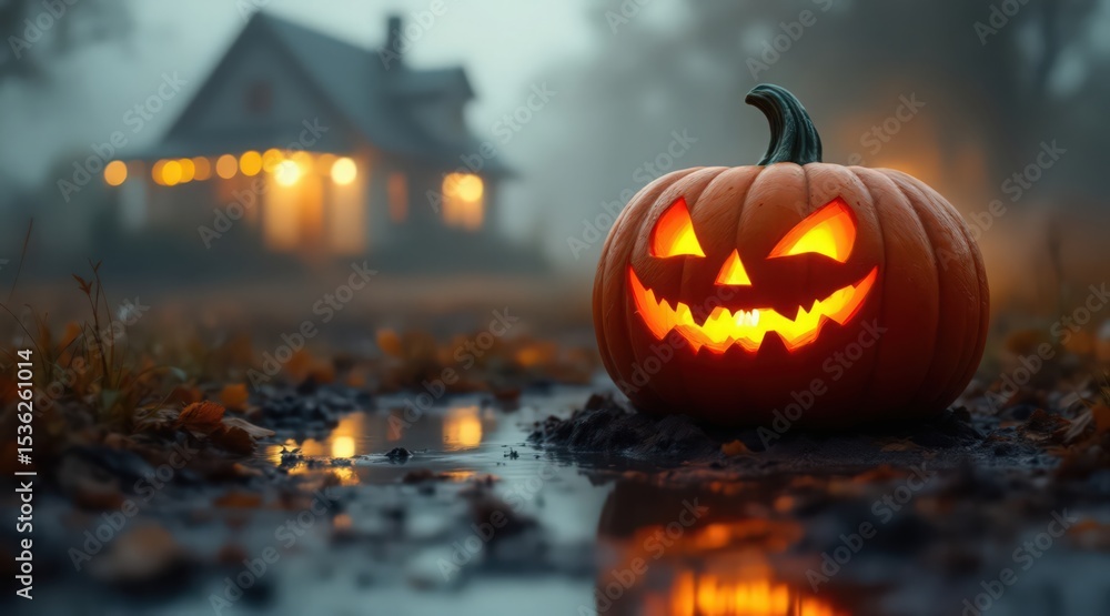A chilling jack-o-lantern with glowing eyes and mouth, placed on a muddy path with a haunted house in the background. Perfect for autumn decorations, Halloween themes A chilling jack-o-lantern with glowing eyes and mouth, placed on a muddy path with a haunted house in the background. Perfect for autumn decorations, Halloween themes