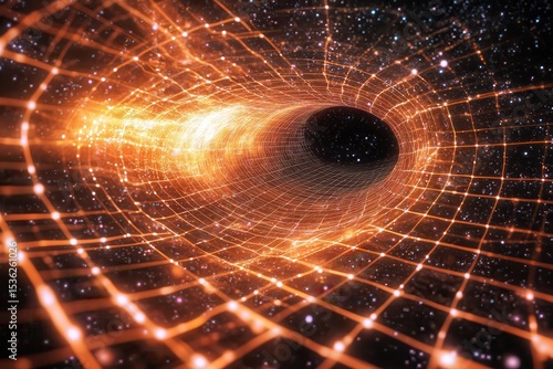 Abstract Wormhole Tunnel with Glowing Grid and Starry Background