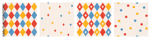 Set of simple seamless abstract colorful geometric pattern of multicolored rhombuses in a row and confetti on light background, harlequin motifs, circus pattern, hand drawn illustration, flat style
