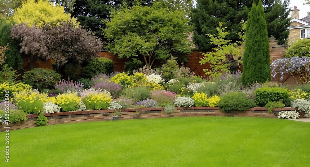 Fototapeta premium Lush Garden Landscape with Flowers