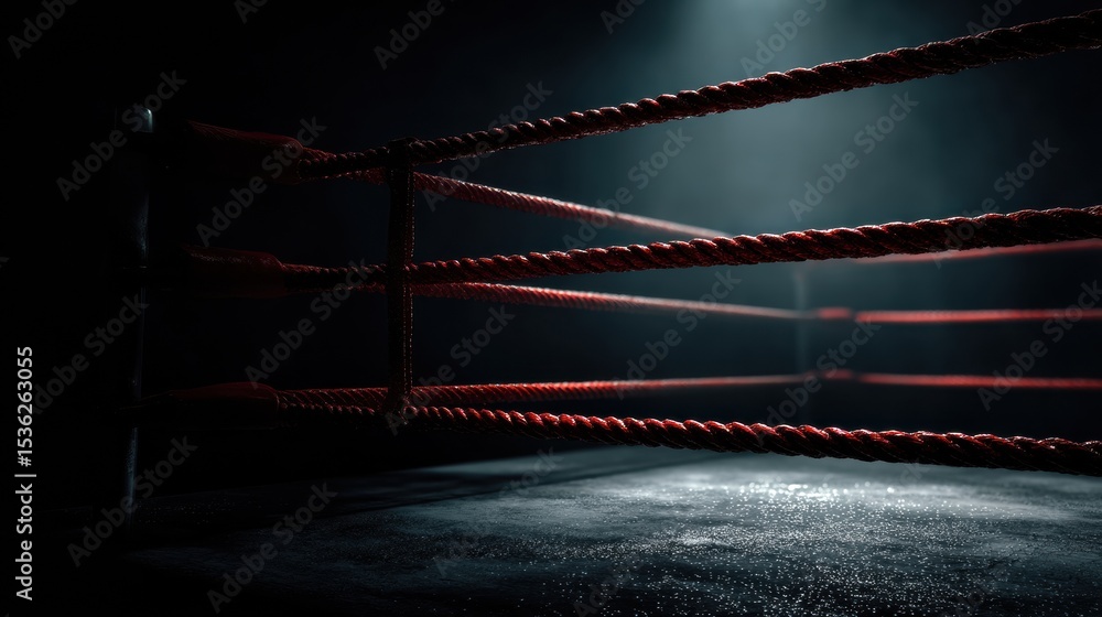 Naklejka premium A boxing ring with red ropes on the ropes