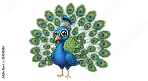 Cartoon peacock proudly displays its colorful plumage