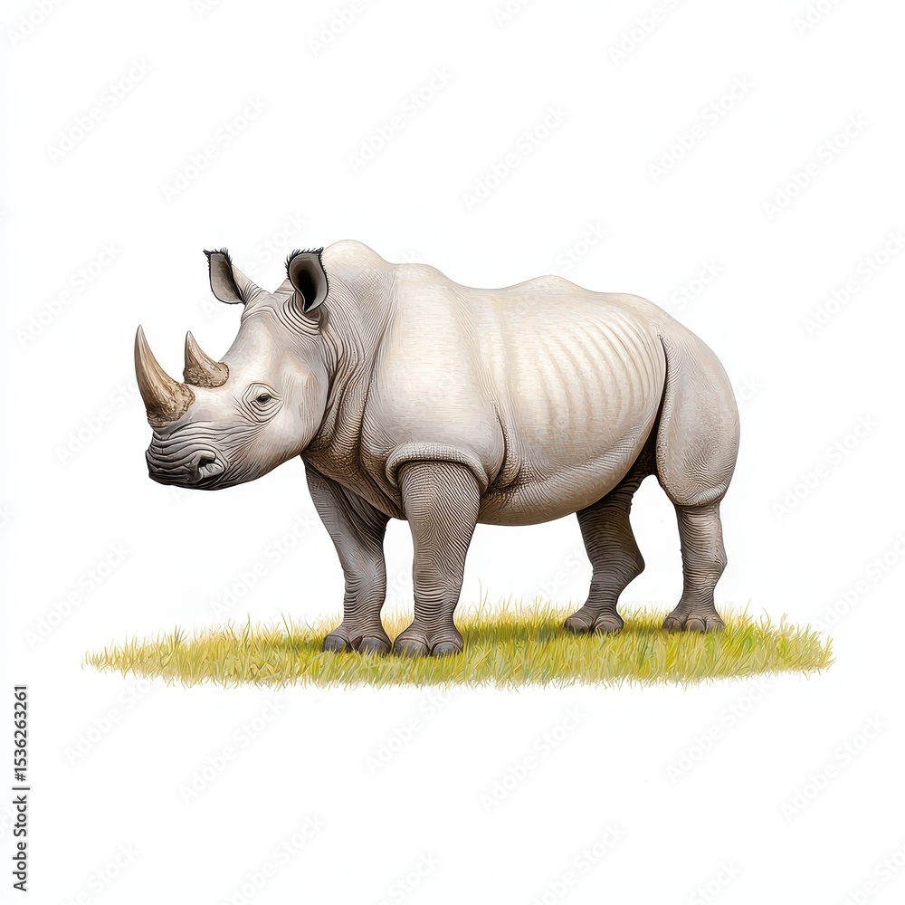 Fototapeta premium White Rhinoceros on Yellow Green Grass