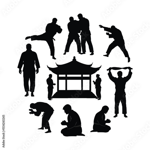 Martial Arts Silhouette Vector | Karate Judo Dojo Fighter Poses | Black Belt Karateka Clipart EPS Design .

