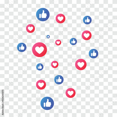 Floating Like and Heart Reaction Icons Isolated on Transparent Background