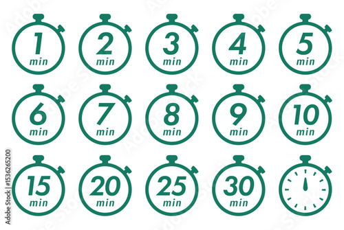 残り時間を表示するタイマー/ストップウォッチ/時計のアイコンイラストデザインセット(timer clock stopwatch 1min 2min 3min 4min 5min 6min 7min 8min 9min 10min 15min 20min 25min 30min 残り時間 シンプル アイコンイラスト ベクター 編集可能)