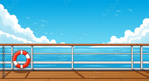 Cartoon illustration depicting a cruise ship deck with ocean view and safety buoy