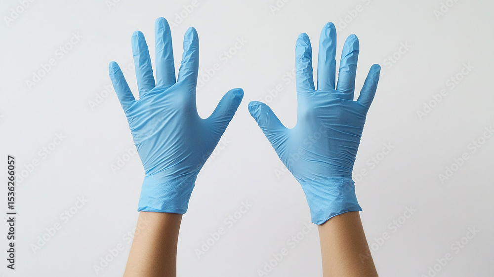 Obraz premium hands in blue rubber gloves on a white background