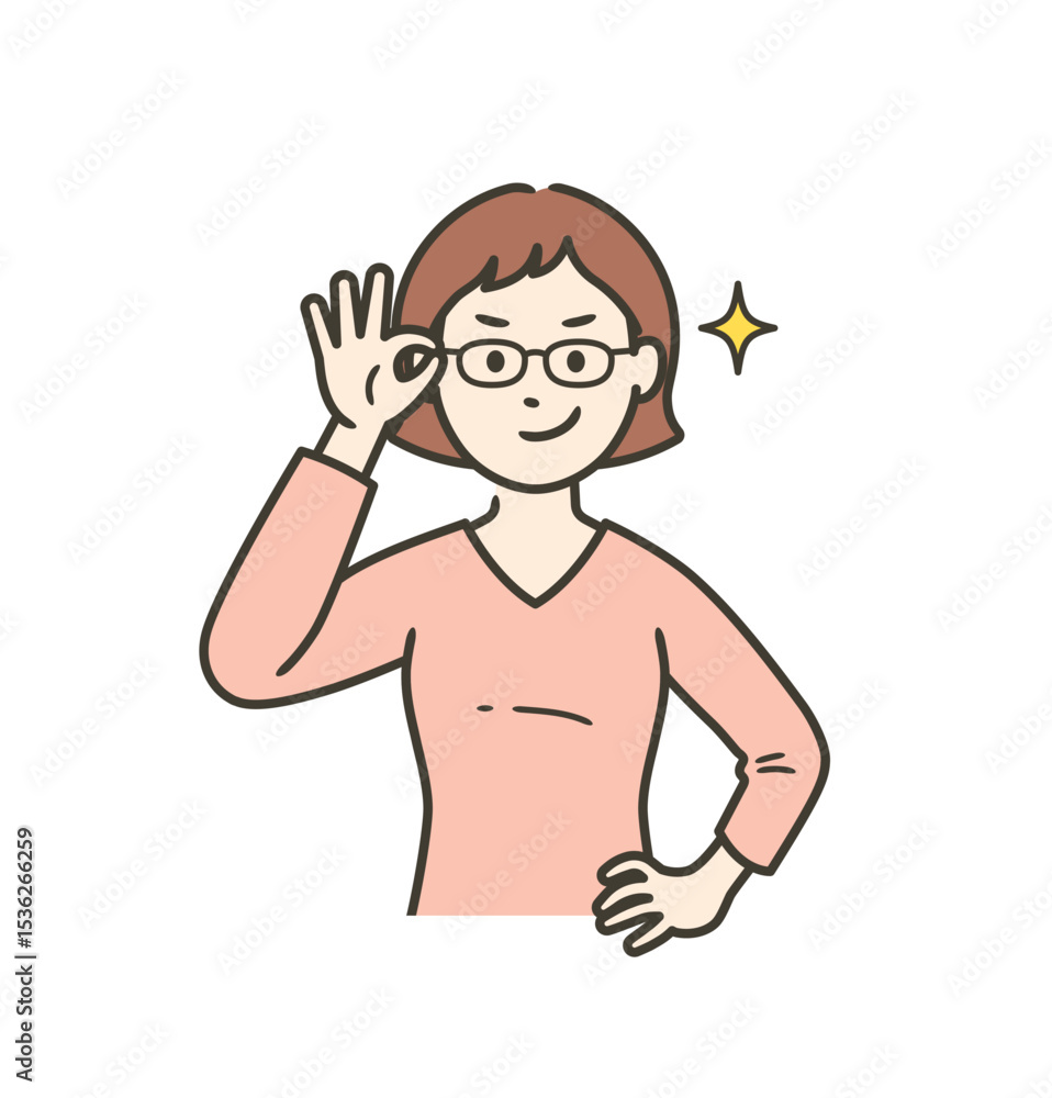 眼鏡を上げてニヤリと笑い自信を見せる若い女性 眼鏡を上げてニヤリと笑い自信を見せる若い女性