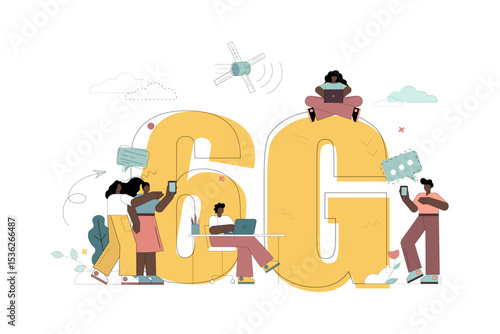 Concept high speed internet. 6G.People  with smartphone, laptop, tablet and phone at cityscape telecommunication tower.eps