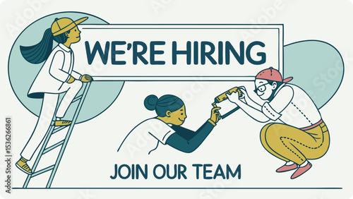 Illustration of were hiring join our team illustration featuring three people