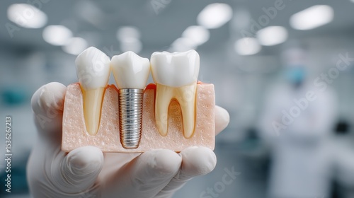 A dentist is holding a model of a tooth with a dental implant