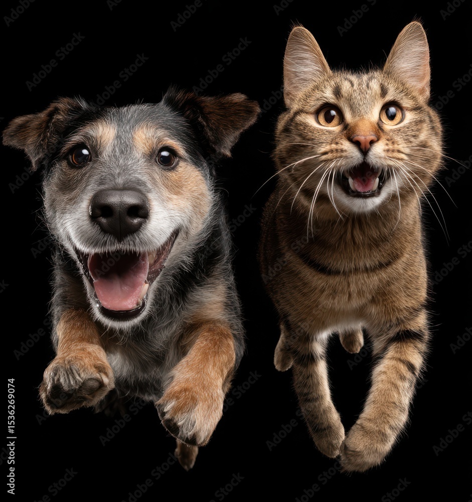 Fototapeta premium A dog and a cat are jumping in the air