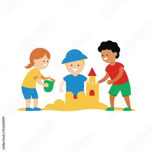 Kids Making Sandcastles on Beach Playfully