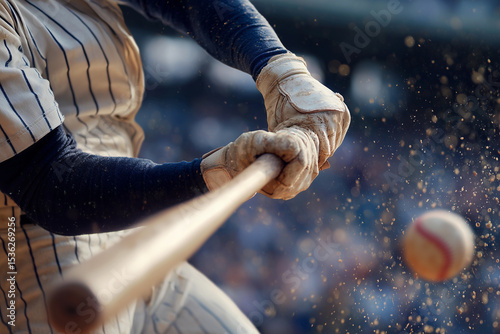 A baseball player swings a bat at a ball. The batter is wearing a white glove. The ball is in the air and the batter is about to hit it