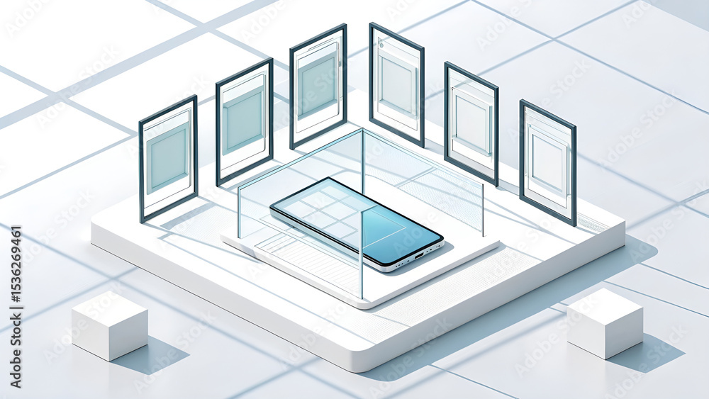 Isometric glass acrylic rectangular frames floating freely on bright white base with subtle shadows, clean tech blueprint design, futuristic data structure visualization, minimal modern layout
Isometric glass acrylic rectangular frames floating freely on bright white base with subtle shadows, clean tech blueprint design, futuristic data structure visualization, minimal modern layout