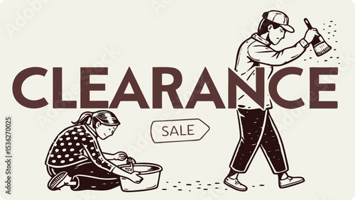 Illustration of two people cleaning during a clearance sale, one sweeping and one washing