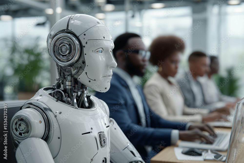 Fototapeta premium A robot is sitting at a desk with a group of people. The robot is white and has a human face. The people are all dressed in business attire and are working on their laptops