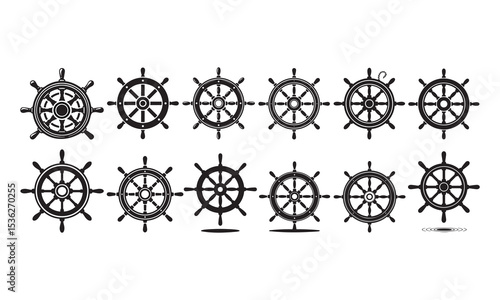 Set of ship wheel icon silhouette vector art illustration.