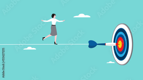 journey to achieve business targets, effort or persistence to overcome business obstacles, businesswoman passes a rope connected to a dart stuck in the middle of the dart board