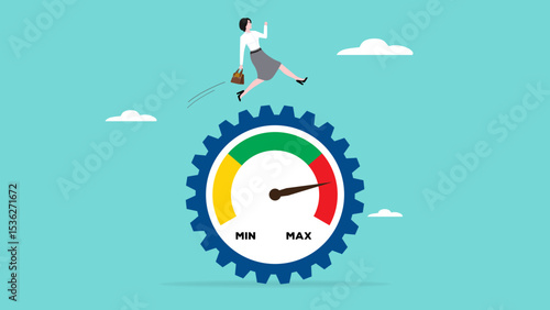 high performance work system, motivation to achieve business growth or career success, full efficiency or maximum productivity. businesswoman running at full speed to rotate measure cogwheel gear