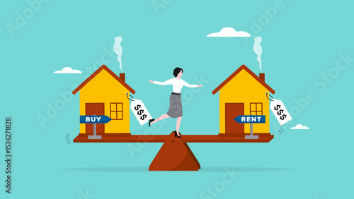 buy or rent, making decision for owning property and real estate, businesswoman standing on seesaw confuse to choose to buy or rent a house home apartment concept vector illustration
