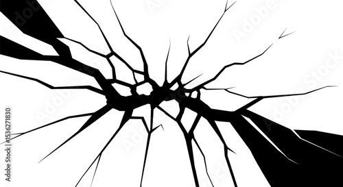 An isolated black spider on a broken glass spider web against a white background captures the abstract fear of this insect animal in nature