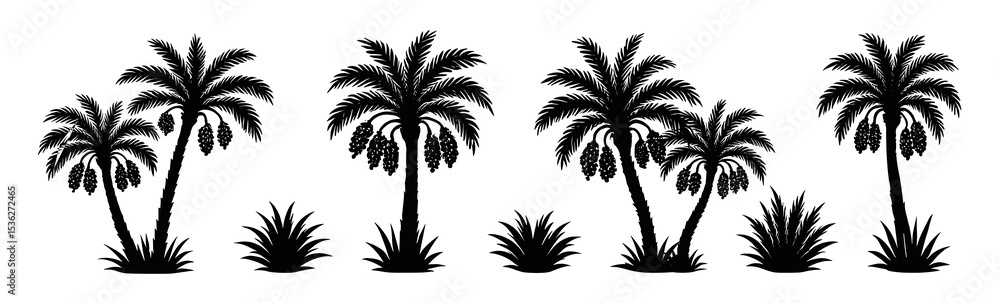 Fototapeta premium Silhouette Tropical Paradise: Palm Trees and Lush Shrubs