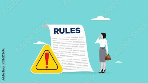 work rules and regulation, company standard operating procedures, Company policies for employee guidelines, smart businesswoman finishes writing work rules and regulations document concept