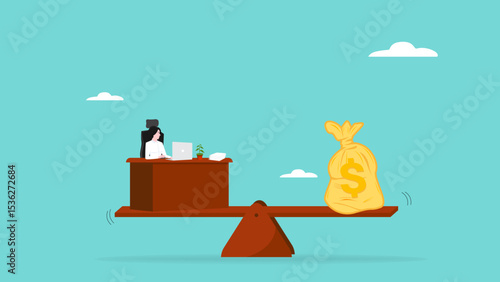 work hard and income balance, businesswoman working hard on office desk with money bag balancing, work hard to earn a lot of money, commensurate income as work motivation concept vector illustration