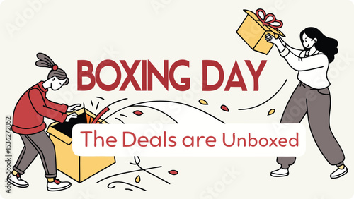 Illustration of two women excitedly unbox gifts on boxing day, celebrating deals and sales