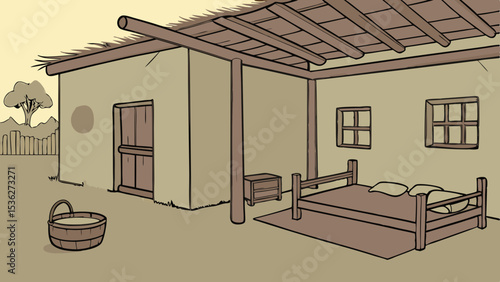 Poor mud home room interior cartoon backdrop pictures, village room inside vector