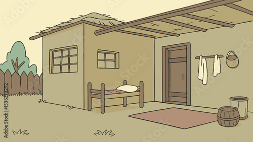 Poor mud home room interior cartoon backdrop pictures, village room inside vector