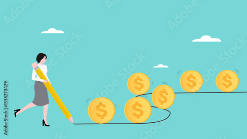 business or investment return flow, cash flow concept, businesswoman investor with pencil lines control flow of money Dollar coins,