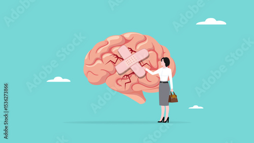 businesswoman treats Human Brain With Adhesive Plaster, businesswoman placing bandage on injury, healing or relaxation of the mind