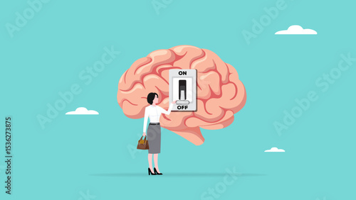Turning off brain to relieve stress or problems, relaxation to relieve anxiety from your brain, Reduce stress concept, stress management, woman turning off the switch in the human brain concept