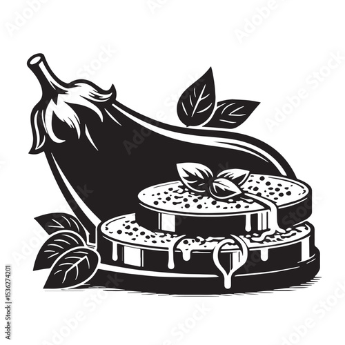 Black Eggplant Parmesan Silhouette Vector, High Quality Illustration on White Background