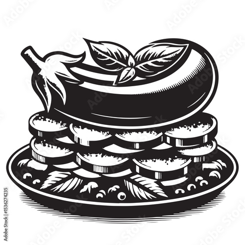 Black Eggplant Parmesan Silhouette Vector, High Quality Illustration on White Background