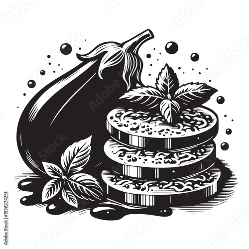 Black Eggplant Parmesan Silhouette Vector, High Quality Illustration on White Background
