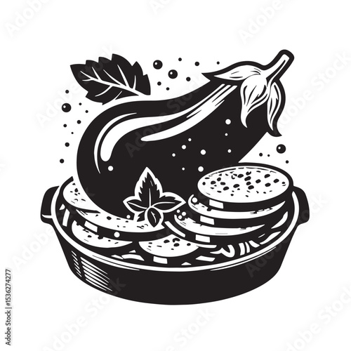 Black Eggplant Parmesan Silhouette Vector, High Quality Illustration on White Background