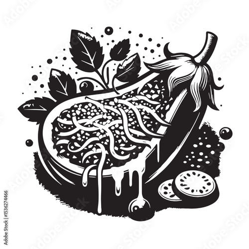 Black Eggplant Parmesan Silhouette Vector, High Quality Illustration on White Background
