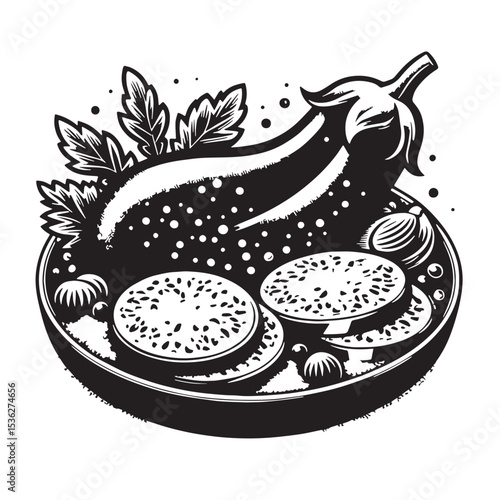 Black Eggplant Parmesan Silhouette Vector, High Quality Illustration on White Background