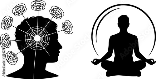 Understanding stress relief and mindfulness meditation for mental health and wellbeing balance mind body editable stock vector illustration