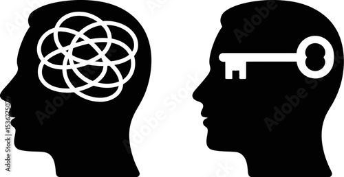Solving problems mental health concept illustration with key and tangled mind head icon 100 character editable stock vector illustration