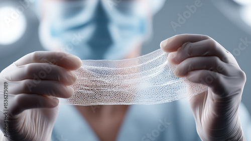 Scientist holding synthetic skin material in medical lab. Advanced biotechnology, artificial tissue, innovation in healthcare, transplant research, futuristic bioengineering.