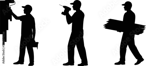 Silhouette of construction worker doing home improvement painting drilling and carrying wood panels job editable stock vector illustration