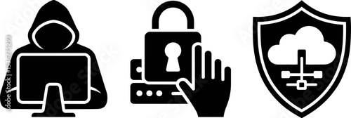 Understanding cyber security hacker attack and data protection with cloud security concept icon set editable stock vector illustration